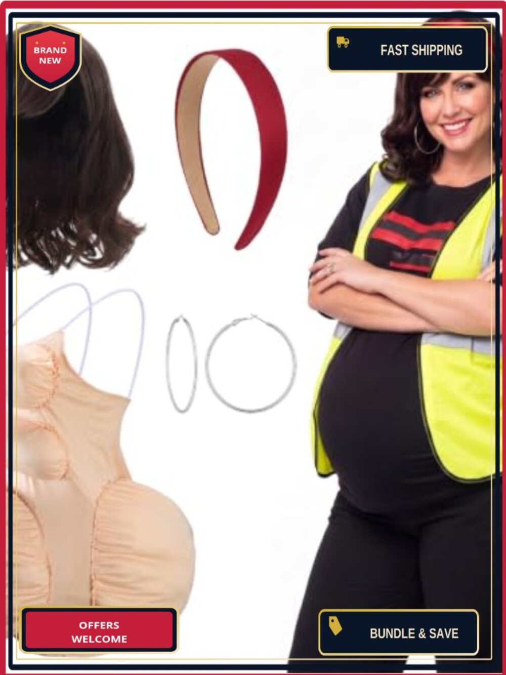 Dance Instructor Costume Accessory Set Curly Wig Satin Headband Hoop Earrings